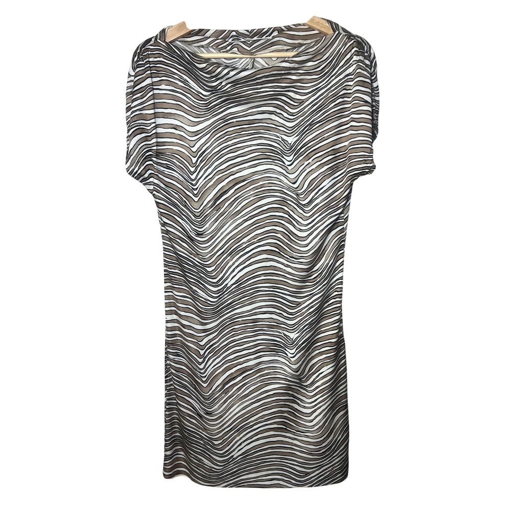 Trina Turk Silk Blend Wavy Zebra Abstract Print Boat Neck Shift Dress Brown M